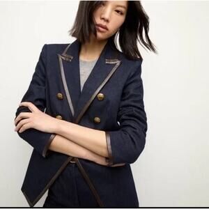 Veronica Beard Miller Navy Denim Dickey Jacket w/ Brown Leather Piping 6